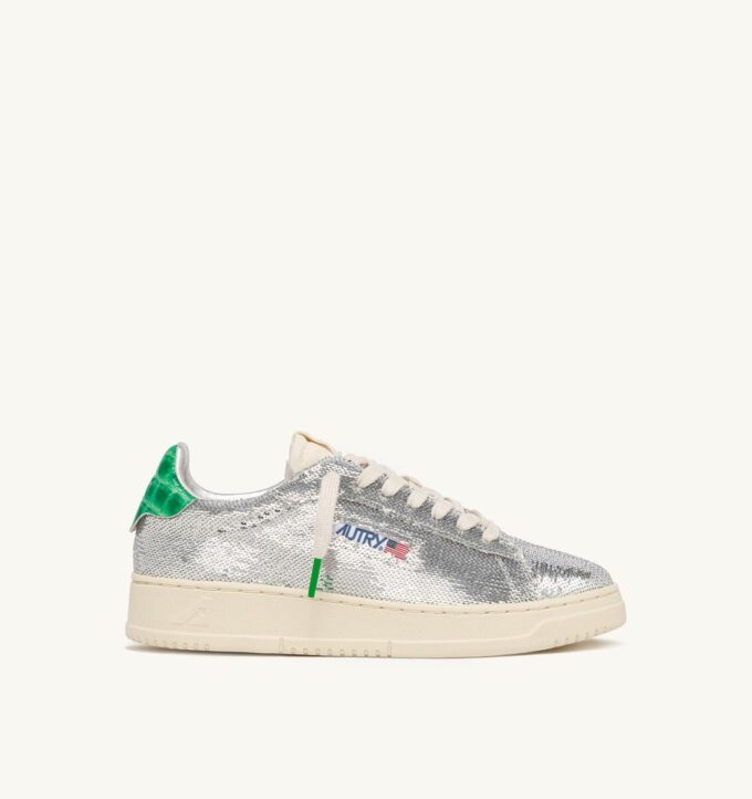 DALLAS LOW ‚SPARKLING‘ SNEAKER IN SILBERNEN UND GRÜNEN PAILLETTEN