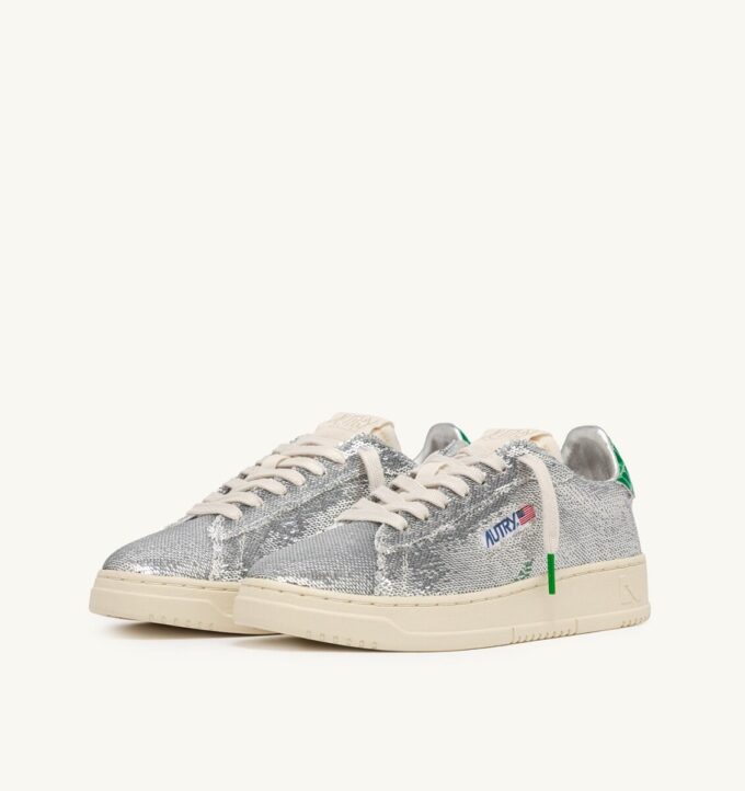 DALLAS LOW ‚SPARKLING‘ SNEAKER IN SILBERNEN UND GRÜNEN PAILLETTEN