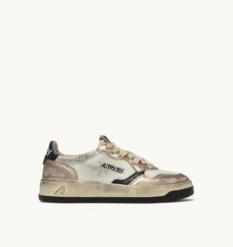 MEDALIST LOW SUPER VINTAGE SNEAKERS IN WEISSEM MESH, GOLDENEM WILDLEDER UND SCHWARZEM LEDER