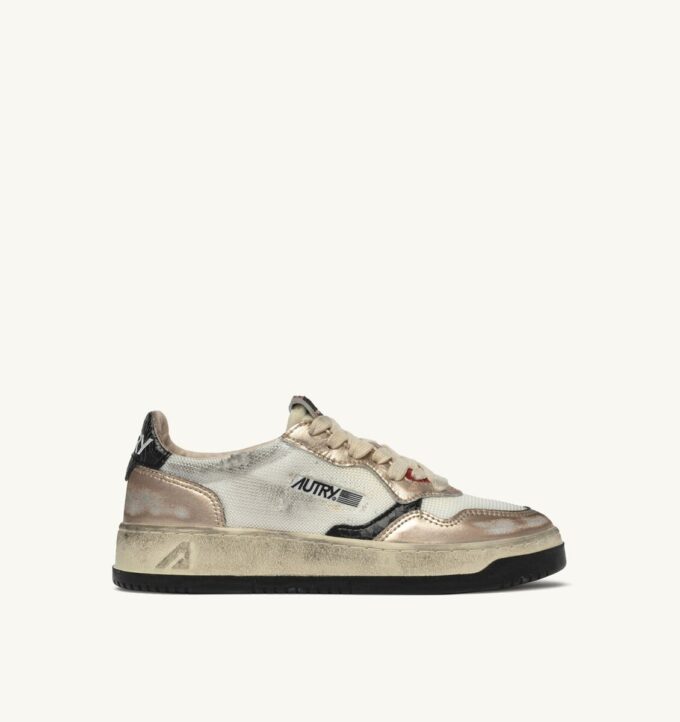 MEDALIST LOW SUPER VINTAGE SNEAKERS IN WEISSEM MESH, GOLDENEM WILDLEDER UND SCHWARZEM LEDER