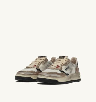 MEDALIST LOW SUPER VINTAGE SNEAKERS IN WEISSEM MESH, GOLDENEM WILDLEDER UND SCHWARZEM LEDER