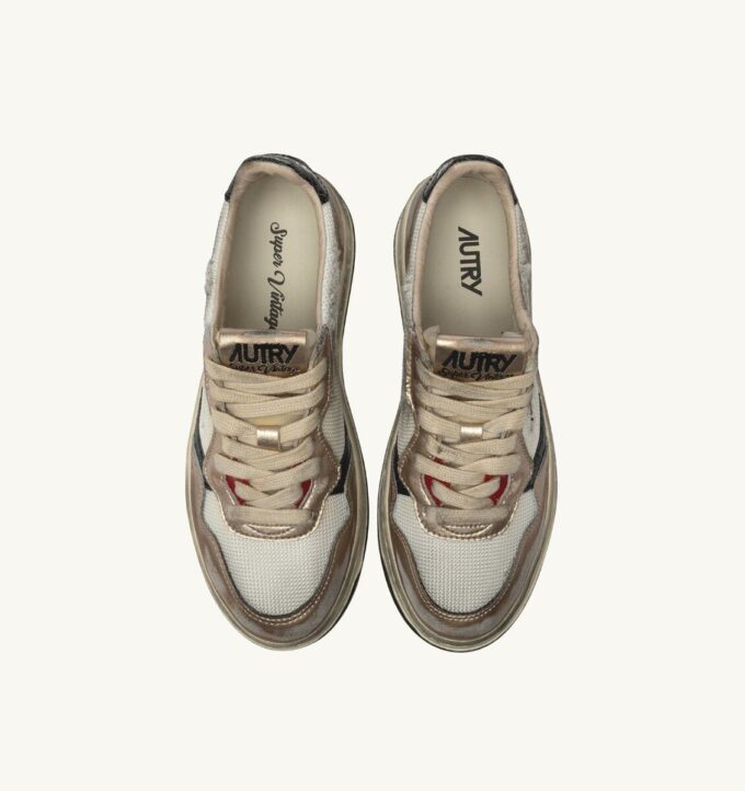MEDALIST LOW SUPER VINTAGE SNEAKERS IN WEISSEM MESH, GOLDENEM WILDLEDER UND SCHWARZEM LEDER