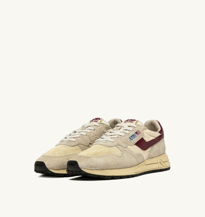 REELWIND LOW SNEAKER AUS NYLON-WILDLEDER UND LEDER IN DEN FARBEN ECRU UND RUBY WINE