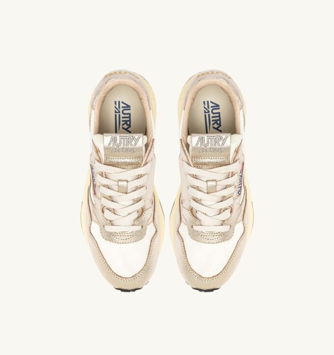 REELWIND LOW SNEAKER AUS WEISSEM NYLON UND GOLDTONEM METALISIERTEM LEDER